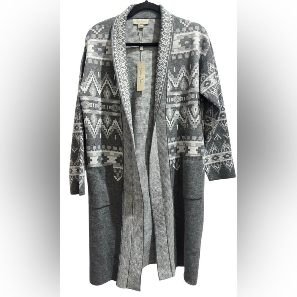 Charlie Paige Grey Fair Isle Longline Open-Front Cardigan